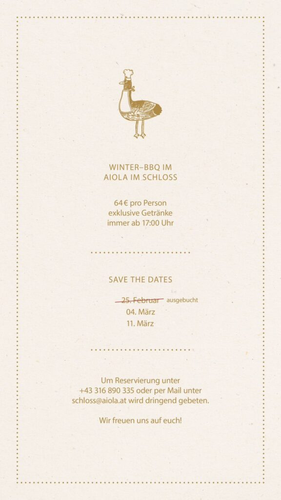 Winter BBQ im Schloss: zwei Termine sind noch buchbar