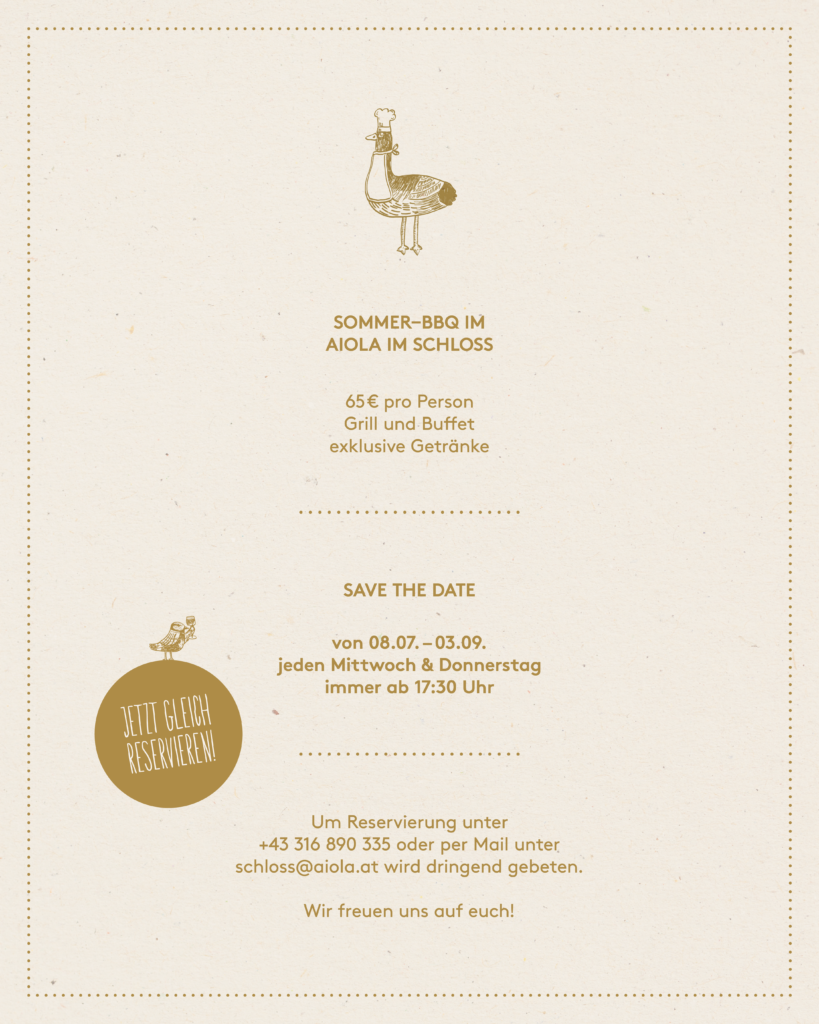 Unser Sommer-BBQ im Aiola im Schloss. Ab 08. Juli immer Mittwochs und Donnerstags ab 17.30 Uhr. Jetzt gleich Plätze sichern!